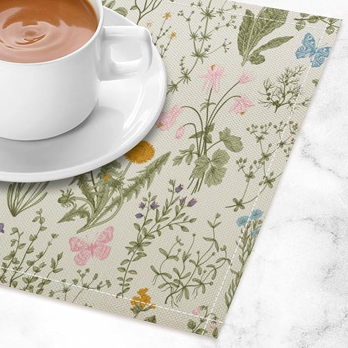 Botanical Placemats Set of 8, 17x12 Inch Butterfly Green Leaf Colorful Wildflower Vintage Rustic Style Table Mats for Home Party Kitchen Dining Decor