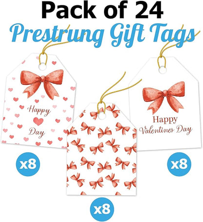 Pro Supply Global 24 Count of 2.5 Inch x 3 Inch Pre Strung Bows Valentine's Day Gift Tag Assorted Printed Designs on Large Cardstock Gift Hang Tags - Ideal to Use on Bags