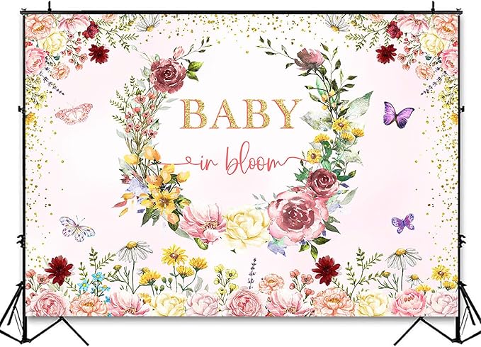 InMemory Baby in Bloom Backdrop Wildflower Baby Shower Decorations for Girl,Pink Wildflowers Baby in Bloom Baby Shower Banner Background Wild Floral BabyShower Party Supplies Photo Shoot Props 10x7ft