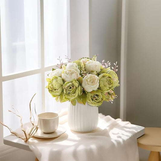 Mkono Peonies Artificial Flowers, 2 Packs 13 Stems Faux Peony Flowers Real Touch Fake Silk Bouquet for Arrangements Dining Table Centerpieces for Kitchen Bridal Wedding Party (2, New Green)