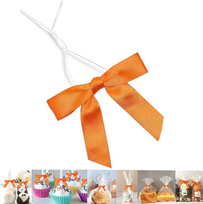 50 Pack 3" Satin Twist Tie Bows, Twist Bows for Treats, Ribbon Bows with Twist Ties Gift Wrap Bows, Pretied Bows Ties for Cake Pops, Baby Shower, Sweets Packaging, Party Favors, Gifts(Orange)