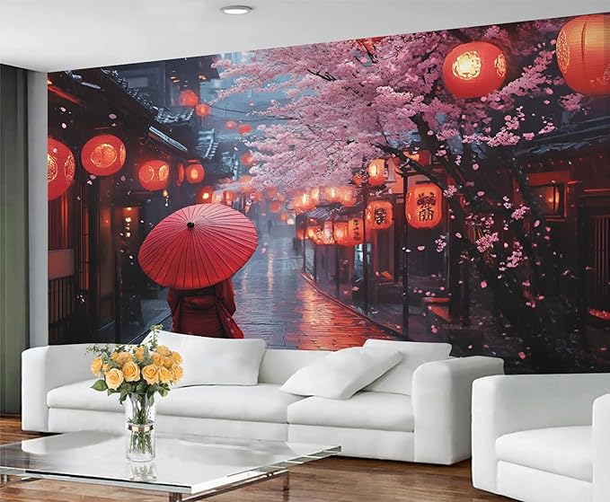 Japanese Street Wall Mural, Cherry Blossom Lantern Scene 3D Wall Murals, Romantic Rainy Evening Japan Wallpaper Mural, for Living Room Bedroom Large Wallpaper Indoor Decor 78.7" W x55.1 H