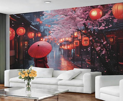 Japanese Street Wall Mural, Cherry Blossom Lantern Scene 3D Wall Murals, Romantic Rainy Evening Japan Wallpaper Mural, for Living Room Bedroom Large Wallpaper Indoor Decor 98.4" W x68.9 H