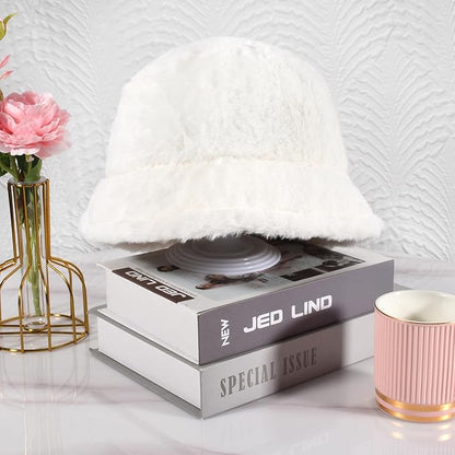 Winter Soft Faux Fur Plush Bucket Hat, Lovely Fisherman Cap, Fashion Outdoor Thick Warm Sun Cap for Women