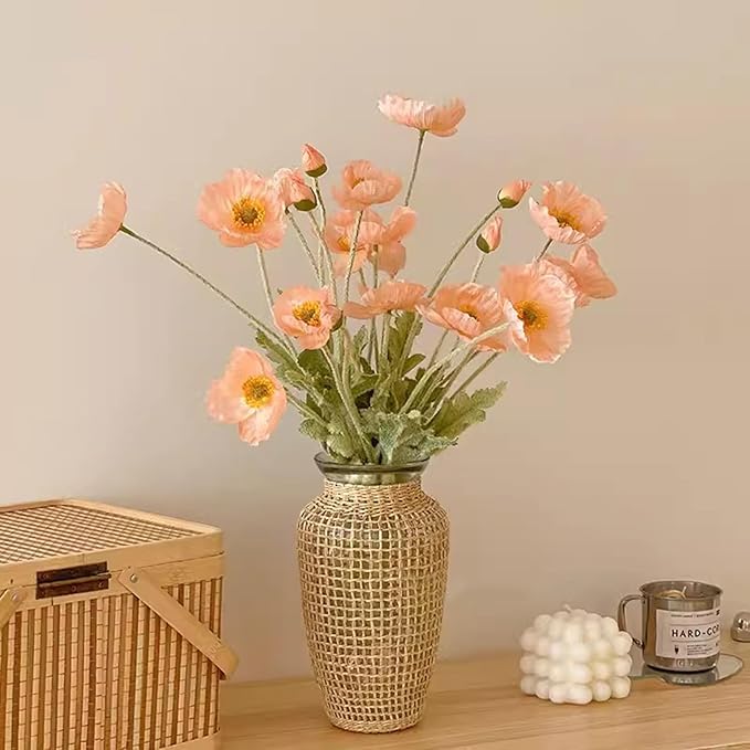2 Pcs Artificial Fake Flowers Plants Poppies Silk Flower Arrangements Wedding Bouquets Decorations Plastic Floral Table Centerpieces for Home Kitchen Garden Party Decor Approx 23.6" High - Light Coral