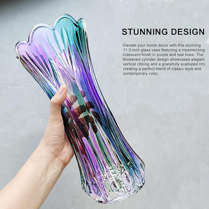 11.2 Inch Glass Vase-Iridescent Purple and Teal Thickened Cylinder Colorful Flower Vase Decor for Home Dining Table Centerpiece Office Wedding Holiday Party