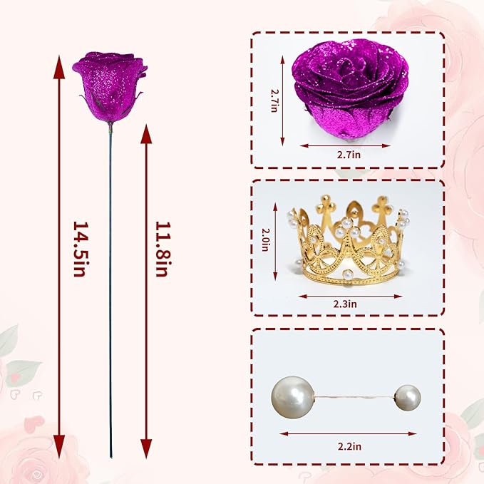 Glitter Roses Bouquet, Shiny Artificial Roses Flowers with Stems DIY Fake Glitter Flowers Bouquet for Valentine's Day, Mother's Day, Anniversary, Graduation, Birthday, Wedding, 24 Roses (Purple)