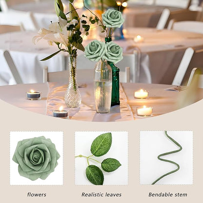 200PCS Elf Green Artificial Flowers Roses Real Looking Foam Fake Roses with Leaves for DIY Wedding Bouquets Bridal Shower Party Decorations (Elf Green, 200)