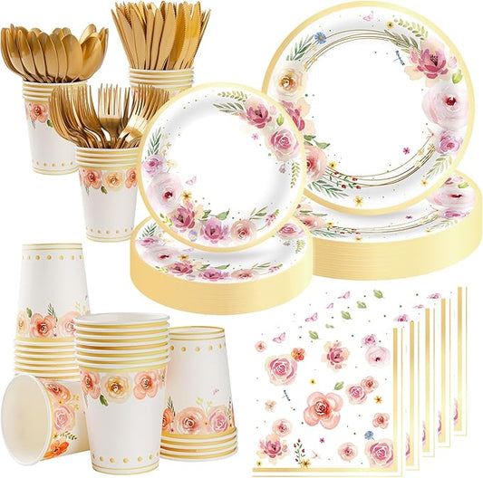353PCS Floral Paper Plates and Napkins Party Supplies - Serves 50 Floral Decorations Include Plates, Cups, Napkins, Cutlery