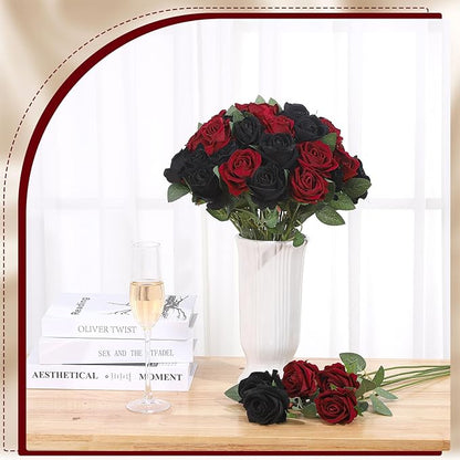 80 Pcs Roses Artificial Flowers, Silk Black & Red Artificial Flowers Petals Long Stem Roses for Wedding Bouquet Home Party Decor