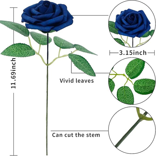 [25PCS] Navy Blue Roses Artificial Flowers with Long Stem Real Touch Fake Foam Roses for Decoration DIY Wedding Bouquets Centerpieces Bridal Shower Flower Arrangements Home Decor