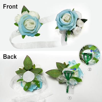 Wrist Corsage and Boutonniere Set, Artificial Rose Corsage Wristlet and Boutonniere for Wedding Prom Party (Blue, 4pcs)