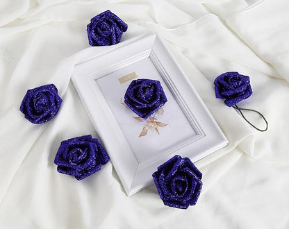 Glitter Foam Roses 30 PCS Royal Blue Roses Artificial Flowers Foam Flowers Glitter Roses with Stem Artificial Flowers for DIY Wedding Bridal Bouquet Party Centerpieces Decor(Royal Blue)