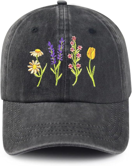 Cute Flower Hat, Elegant Floral Embroidered Adjustable Baseball Cap for Men Women, Gifts for Flower Lovers, Black