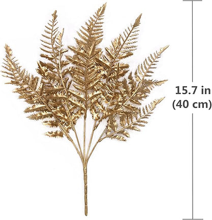 PASYOU Artificial Plants, Golden Fake Flowers Decoration for Christmas Plastic Boston Grass Faux DIY Crafts Indoor Outdoor Home Décor Garden Party Room Bedroom Wedding Table Centerpiece, Gold 2 Pack