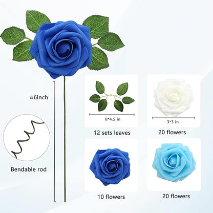 JOYLEX Artificial Flowers Realistic Roses, 50pcs Real Looking Fake Roses with Stem for DIY Wedding Bouquets Centerpieces Bridal Shower Party Home Romantic Decorations (50pcs, Shades of Blue)