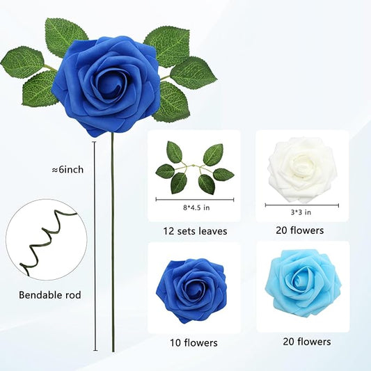 JOYLEX Artificial Flowers Realistic Roses, 50pcs Real Looking Fake Roses with Stem for DIY Wedding Bouquets Centerpieces Bridal Shower Party Home Romantic Decorations (50pcs, Shades of Blue)