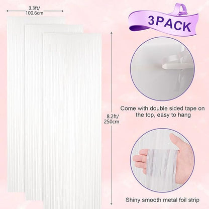 3 Pack 3.3x8.2 Feet White Foil Fringe Backdrop Curtains, Tinsel Streamers Birthday Party Decorations, Fringe Backdrop for Graduation, Baby Shower, Gender Reveal, Disco Party
