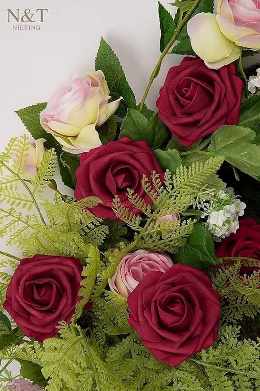 N&T NIETING Artificial Flowers, 25Pcs Fake Flowers Roses Perfect DIY Wedding Bouquets Centerpieces Bridal Shower Party Valentine's Day Home Flower Arrangement Decorations, Dark Red