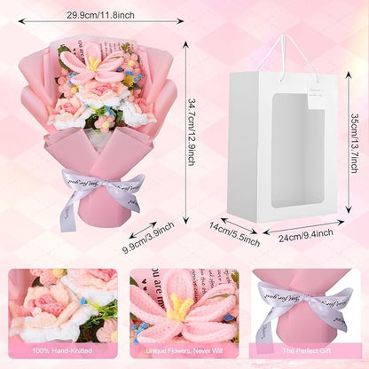 Foyucool Crochet Flowers Bouquet, Handmade Knitted Tulip Rose Bouquet with Gift Bag for Home Deocor, Crocheted Finished Flower for Wedding, Mother's Day, Teachers' Day and Valentine's Day, Pink