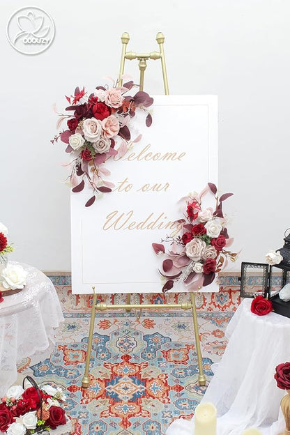 Pack of 2 Wedding Arch Decorations Artificial Hanging Flowers Floral Swag for Wedding Welcome Sign Backdrop Balloon Arch Home Party Bridal Ceremony Reusable(Red)