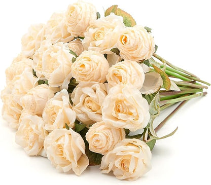 Rose Artificial Flower 28pcs Realistic Faux Silk Roses Fake Flowers Bouquets Arrangements Decor for Wedding Spring Mother's Day, Home Table Decorations, Champagne Flower