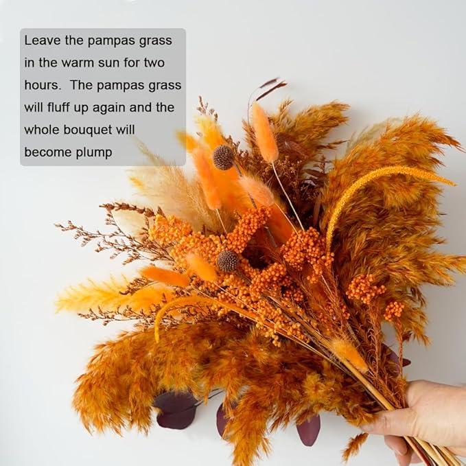 Natural Dried Pampas Grass Bouquet,17" Natural Dried Flower Bouquet, Orange Ear of Sorghum and Autumn Pampas Grass Combination ,Bohemian Style Family Wedding Country Farmhouse Decoration