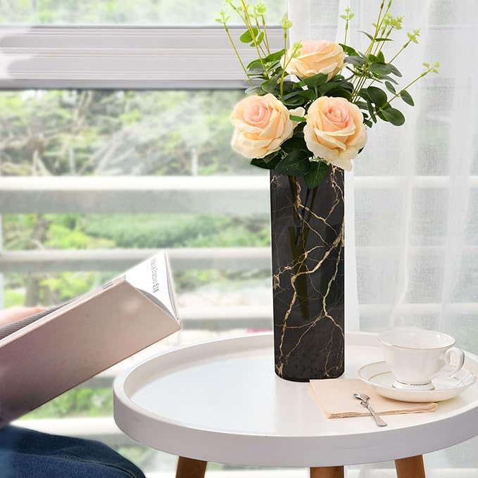 Flower Vase for Centerpieces, Black Gold Marble Print Plastic Cylinder Vase, Clear Bud Vases for Home Wedding Office Table Decor