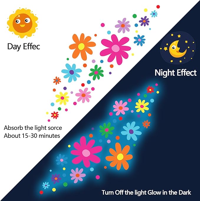 Glow in The Dark Big Daisy Wall Decals，Glowing Luminous Daisy Wall Stickers Colorful Removable self-Adhesive Boho Flower Decals for Girls Bedroom Kids Baby Nursery Living Room Decor
