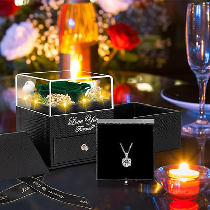 Preserved Blackish Green Real Rose with Heart I Love You Necklace -Eternal Flowers Rose Birthday Gifts for Women Her Mom Wife Girlfriend Grandma on Valentines Mothers Day Christmas Anniversary