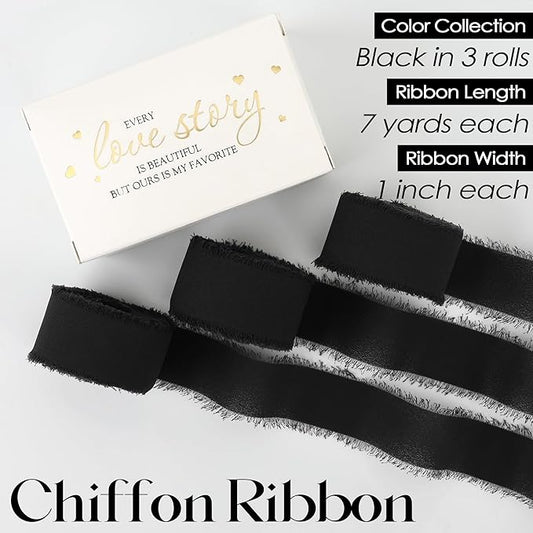 MEEDEE Black Chiffon Ribbon 1 Inch Frayed Ribbon Chiffon Silk Ribbons Black Fringe Thin Chiffon Ribbons for Crafts, Gift Wrapping, Wedding Invitation (3 Rolls 21 Yards)