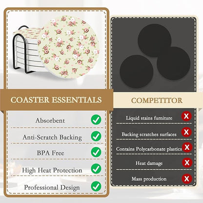 Drink Coasters,6 Pcs Shabby Chic Flower Coffee Cup Mat with Storage Holder, Durable Ceramic Coaster Set for Hot & Cold Beverages