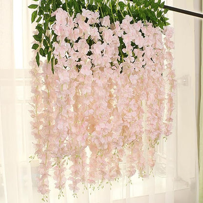 24 Pack Light Pink Wisteria Hanging Flowers Garland, 3.77 Feet Artificial Flower Vines, Fake Wisteria, Artificial Vines Hanging Garland for Backdrop Outdoor Yard Garden Decor