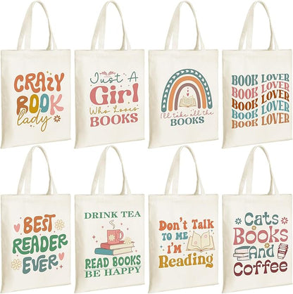 Sweetude 8 Pcs Christmas Book Lovers Club Gifts Bulk Canvas Tote Bags Bookish Librarian Reader Gift for Women Teacher Present(Retro)