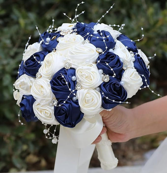 Bridal Wedding Bouquet Round Bling Brooch Bouquet Throw Toss Artificial Rose Flower Bunch for Bride Bridesmaid Wedding Quinceanera(Navy Blue & Ivory, 6.3")