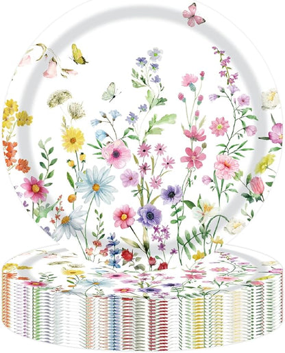 50PCS Wildflower Party Paper Plates 7 Inch, Disposable Floral Cake Dessert Plates for Spring Summer Picnic Wedding Baby Shower Birthday Tea Party Decorations (Wildflower)