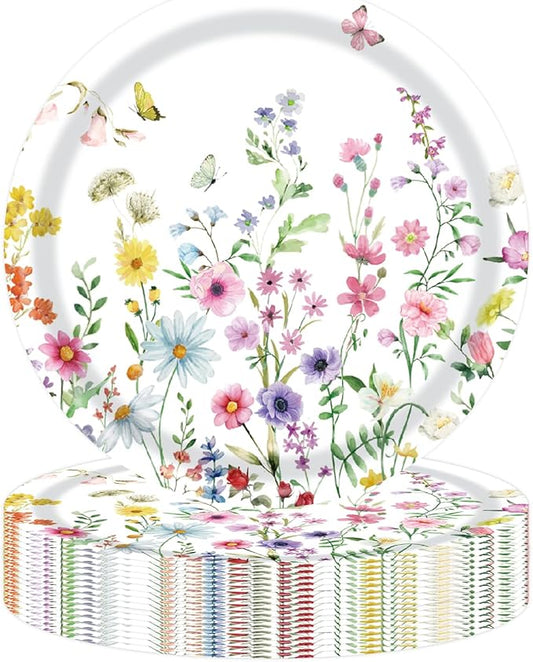 50PCS Wildflower Party Paper Plates 7 Inch, Disposable Floral Cake Dessert Plates for Spring Summer Picnic Wedding Baby Shower Birthday Tea Party Decorations (Wildflower)