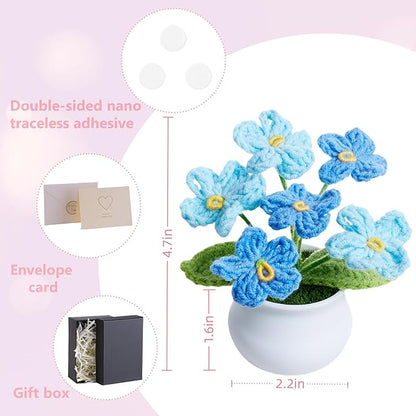 Crochet Flowers Cute Handmade Knitted Potted Gradient Blue Forget Me Not Flower for Women Coworkers Teacher Birthday Anniversary Decor for Home Room Office Desk Accessories
