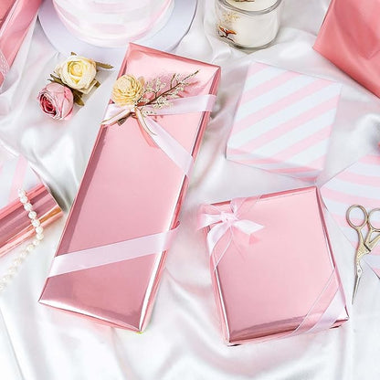 Merture Pink Wrapping Paper Roll Reversible - 17 In X 32.8 Ft(46.5 sq.ft.) Metallic Pink and Stripe Design Gift Wrap for Mothers Day, Wedding, Birthday, Christmas, Baby Shower, Valentines Day