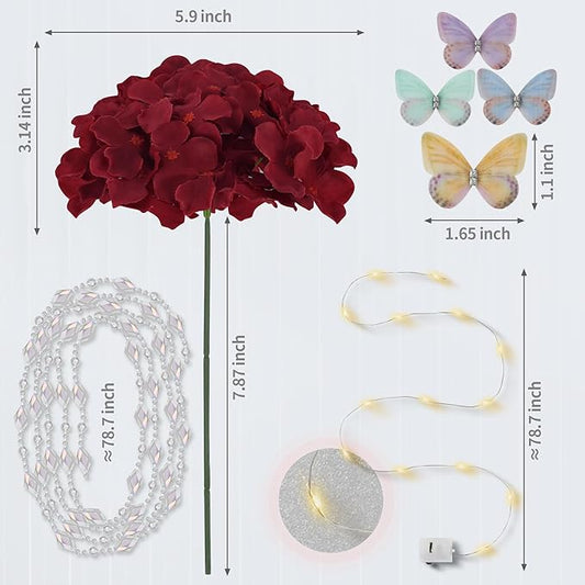 64PCS Artificial Hydrangea Flowers with Stems, Silk Hydrangea Heads with LED Decorative Lights, Crystal Strings & Butterfly Accents for Wedding Centerpieces and Home Decor(64, Burgundy)