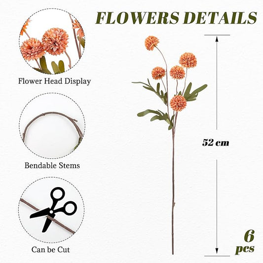 SITUMEIZI Orange Pompon Mum Artificial Flowers Faux Silk Mums Mini Chrysanthemum with Stems 6Pcs for DIY Orange Wedding Centerpieces Floral Arrangements