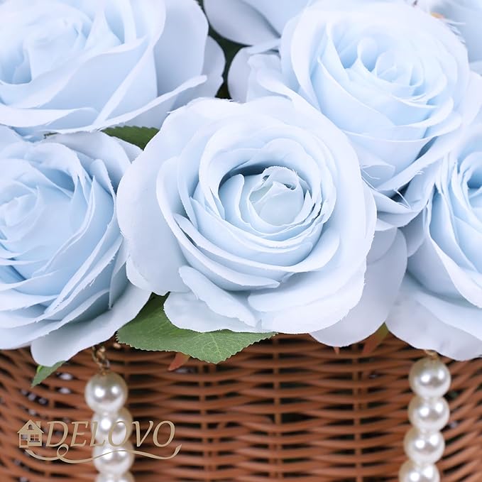 52pcs Light Blue Roses Artificial Flowers Fake Flowers Silk Roses with Stems for DIY Wedding Bouquets Bridal Shower Centerpieces Arrangements Party Decorations