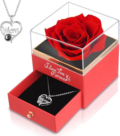 Preserved Roses Flowers Gifts for Mom: Red Real Rose with Necklace for Women Wife Grandma Daughter Sister