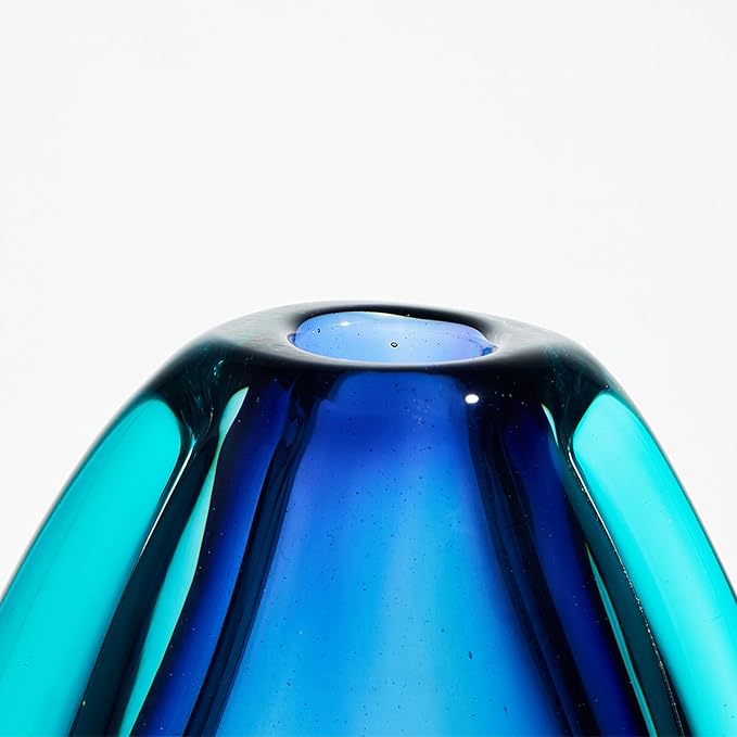 Luxury Lane Hand Blown Sommerso Oval Art Glass Vase for Decor 10 inch Tall Centerpiece Table Decoration London Blue