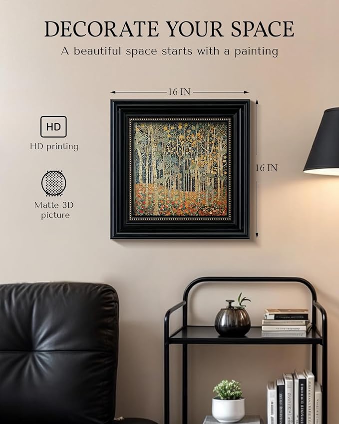Vintage 3D Textured Framed Autumn Forest Wall Art 16x16 Botanical Tree Decorative Painting, Sandstone Surface Landscape Artwork Black Frame Gold Dot, Home Room Bedroom Office Decor