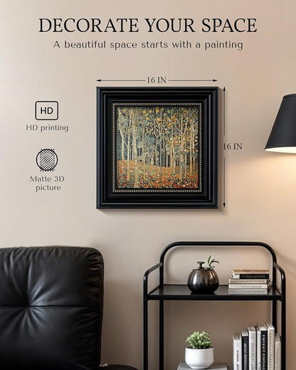 Vintage 3D Textured Framed Autumn Forest Wall Art 16x16 Botanical Tree Decorative Painting, Sandstone Surface Landscape Artwork Black Frame Gold Dot, Home Room Bedroom Office Decor