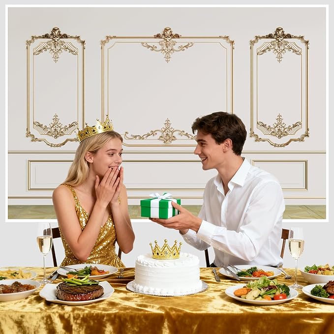 AOFOTO Vintage Room Inside Backdrop Modern French Classic Frame White Walls Gold Embossed Floral Photo Background Wedding Bridal Shower Reception Drama Portrait Photoshoot Backdrop Props 10x7ft