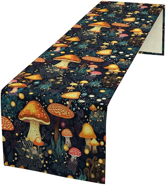 Mushrooms Forest Table Runner, Fairy Woodland Wildflower Herbs Plants Colorful Botanical Natural Farmhouse Table Runner for Kitchen Dining Table Decor, 13x70inch