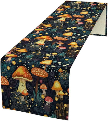 Mushrooms Forest Table Runner, Fairy Woodland Wildflower Herbs Plants Colorful Botanical Natural Farmhouse Table Runner for Kitchen Dining Table Decor, 13x120inch