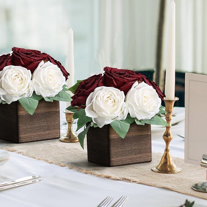 Dining Table Centerpiece Set of 3 - Pre-Made Aritifial Rose with Wooden Vase Fake Floral Arrangment Faux Flower for Wedding Bridal Tea Party Event Decorations - Burgundy & White